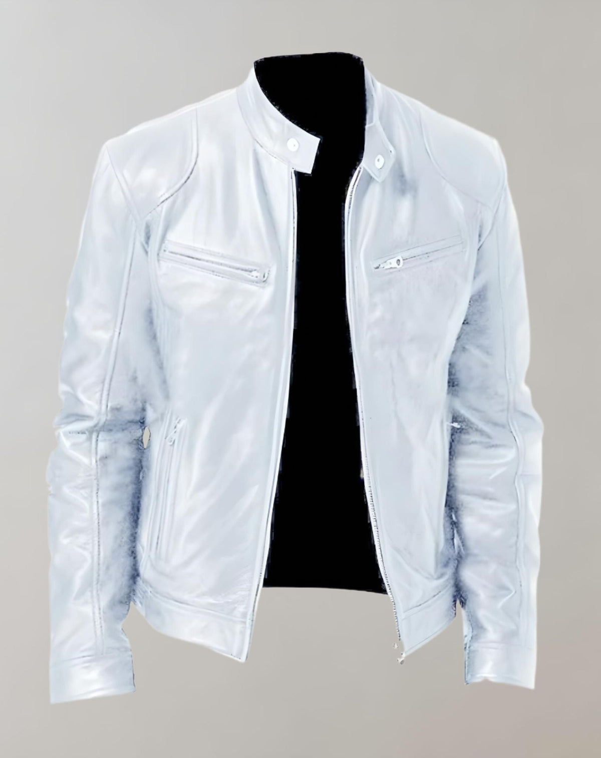 Men’s Gloss-Finish Leather Jacket – Zip-Front Racer Style for Smart Casual Wear
