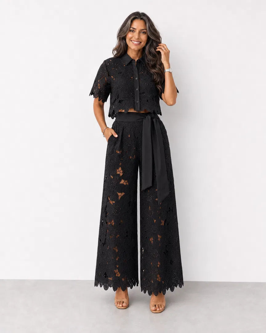 Women’s Openwork Lace Co-Ord Set – Cropped Shirt and Palazzo Trousers for Spring and Summer Events