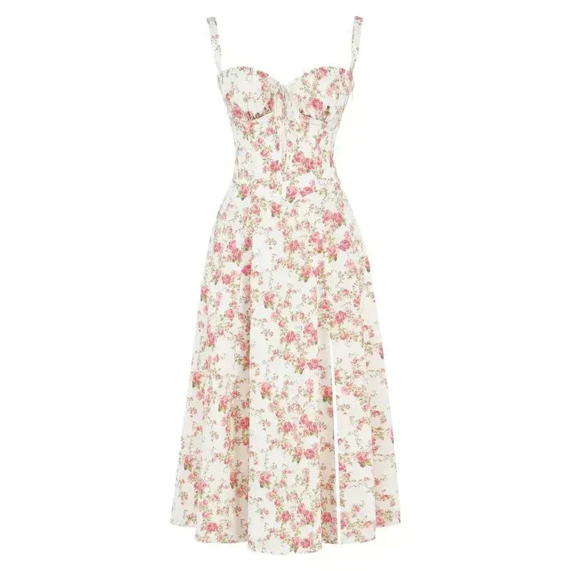 Women’s Printed Corset Midi Dress – Structured Summer Occasion Style with Flowing Skirt