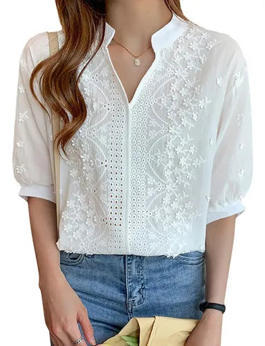 Women’s Embroidered Blouse – Puff-Sleeve Summer Top with Split Neckline