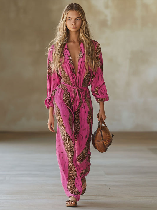 Women’s Printed Wide-Leg Jumpsuit – Belted V-Neck Long-Sleeve Style for Dinner and Parties