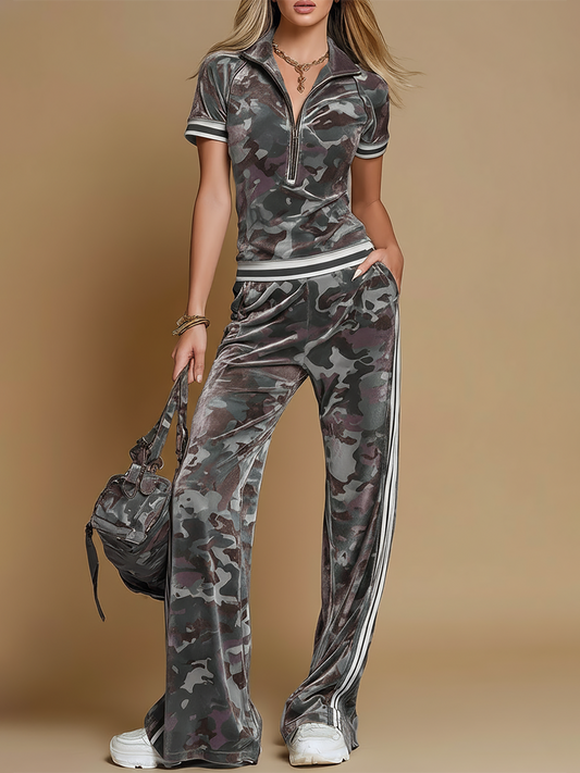 Women’s Printed Half Zip Wide Leg Trouser Set – Sporty Streetwear Co-Ord