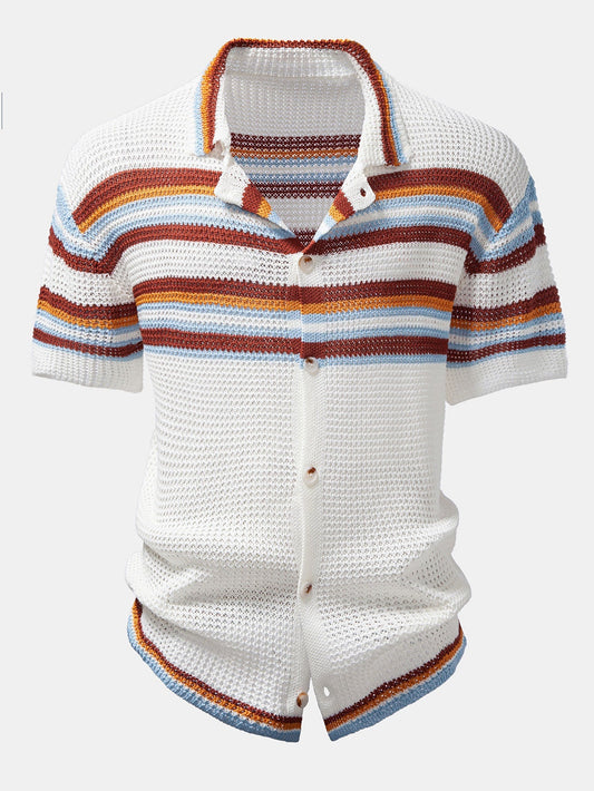 Men’s Open-Knit Button Shirt with Linen Blend Trousers – Breathable Summer Set