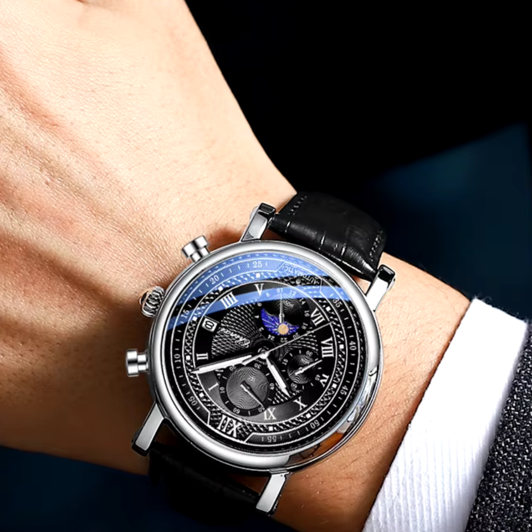 Men’s Leather-Strap Chronograph Watch – Classic Everyday Timepiece with Blue Dial