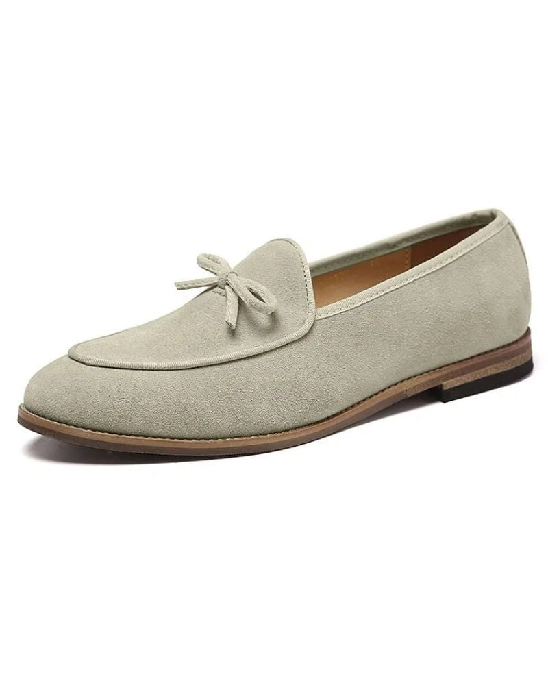 Men’s Suede Loafers – Bow-Detail Slip-On Shoes with Refined Low-Heel Dress Silhouette