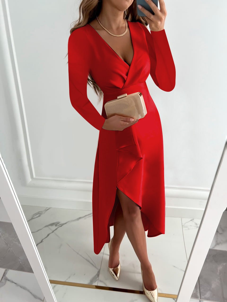 Women’s Occasion Midi Dress – Refined Long-Sleeve V-Neck Style for Wedding Guest and Evening Wear