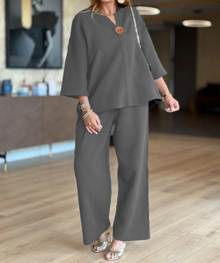 Women’s Linen-Look Tunic Co-Ord – Breathable Three-Quarter Sleeve Top and Wide-Leg Trousers for Travel