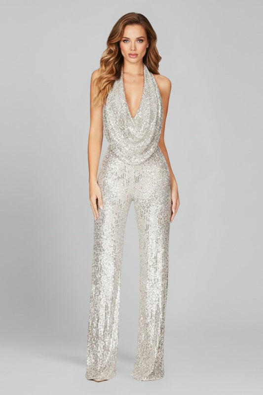 Women’s Sequin Party Jumpsuit – Backless Halterneck and Wide-Leg Style for Galas and New Year