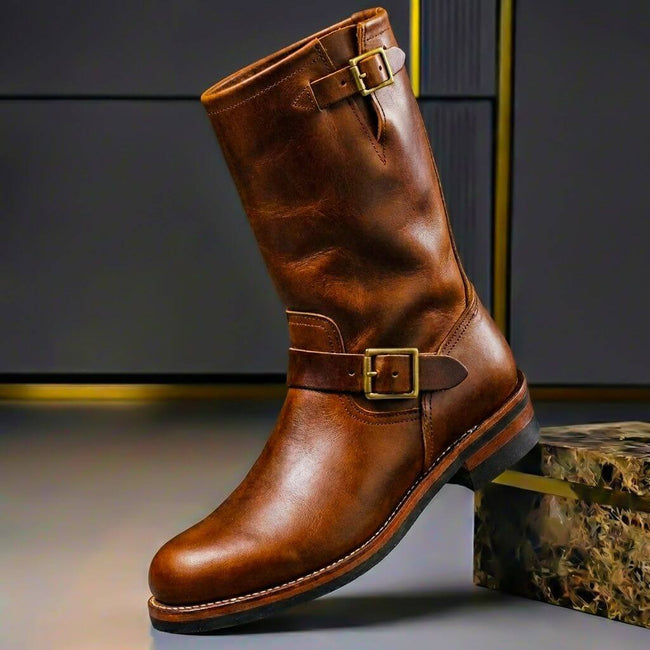 Men’s Genuine Leather Engineer Boots – Mid-Calf Buckle Footwear for Autumn and Winter