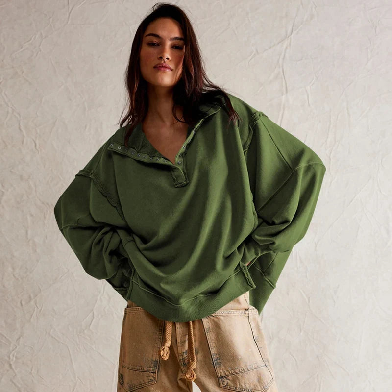 Women’s Oversized Henley Sweatshirt – Exposed-Seam Pullover with Balloon Sleeves