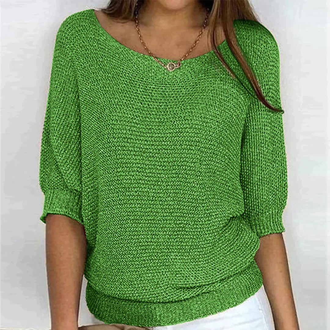 Women’s Textured Scoop-Neck Knit Top – Relaxed Three-Quarter Sleeve Style for Everyday Wear