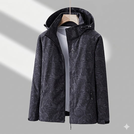 Women’s Lined Hooded Jacket – Tonal Leaf Pattern with Zip Pockets