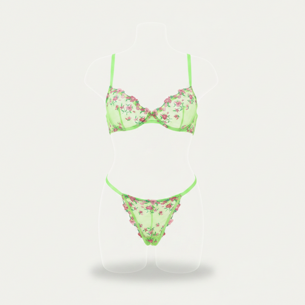 Women’s Embroidered Mesh Bra and Thong Set – Underwired Two-Piece Lingerie