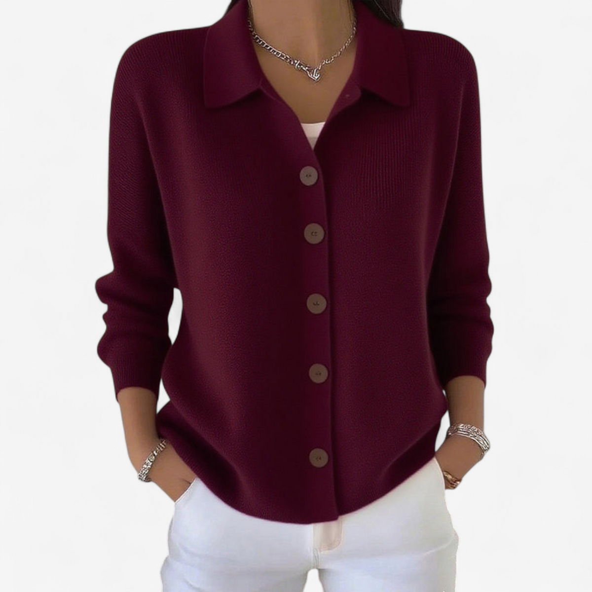 Women’s Collared Knit Cardigan – Relaxed Button-Front Layer for Spring and Autumn