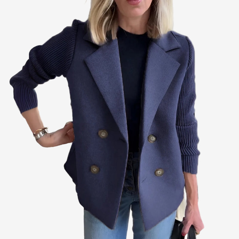 Women’s Double-Breasted Blazer – Ribbed Sleeve Smart Casual Layer for Autumn and Winter