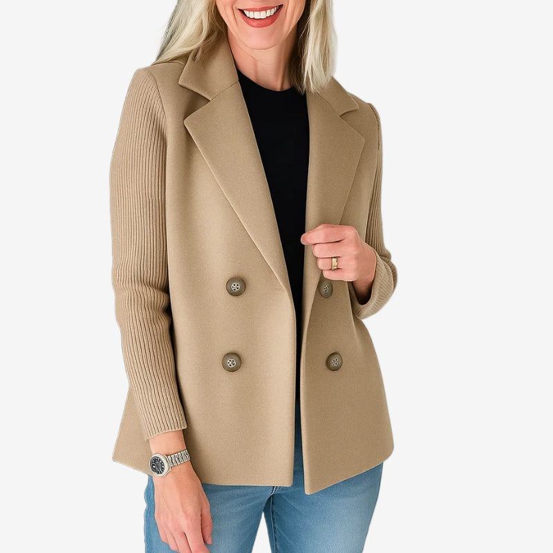 Women’s Double-Breasted Blazer – Ribbed Sleeve Smart Casual Layer for Autumn and Winter
