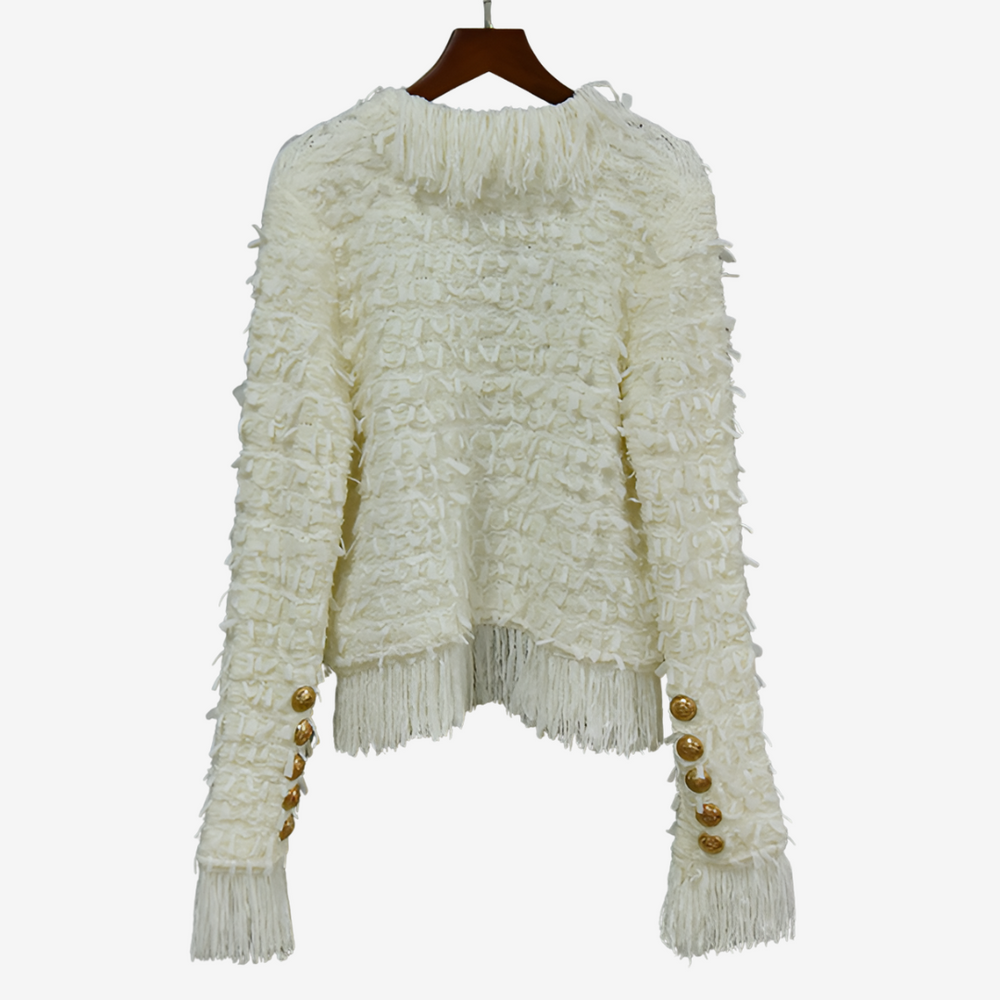 Women’s Tweed-Effect Fringe Jacket – Textured Button Layer for Autumn and Winter