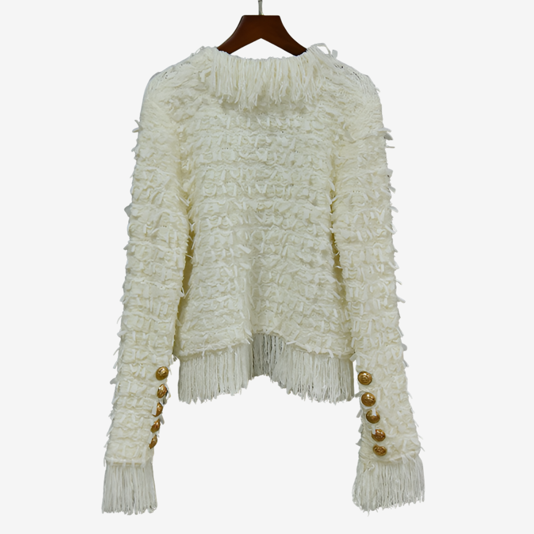 Women’s Tweed-Effect Fringe Jacket – Textured Button Layer for Autumn and Winter