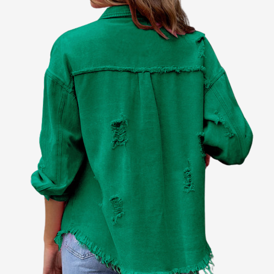Women’s Oversized Denim Shacket – Frayed Button-Front Layer for Casual Everyday Wear