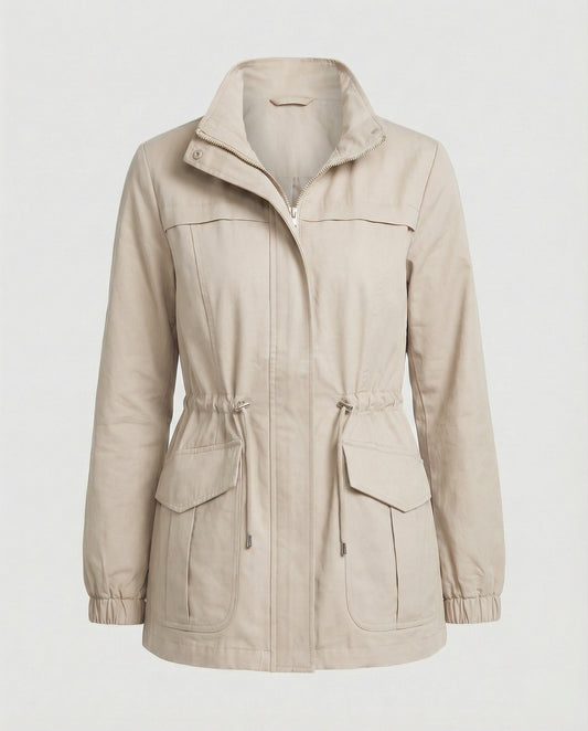Women’s Drawstring Utility Jacket – Multi-Pocket Transitional Layer for Spring and Autumn