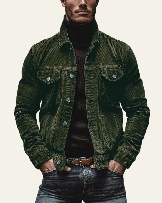 Men’s Button-Front Trucker Jacket – Regular Fit Cord Layer for Autumn and Winter