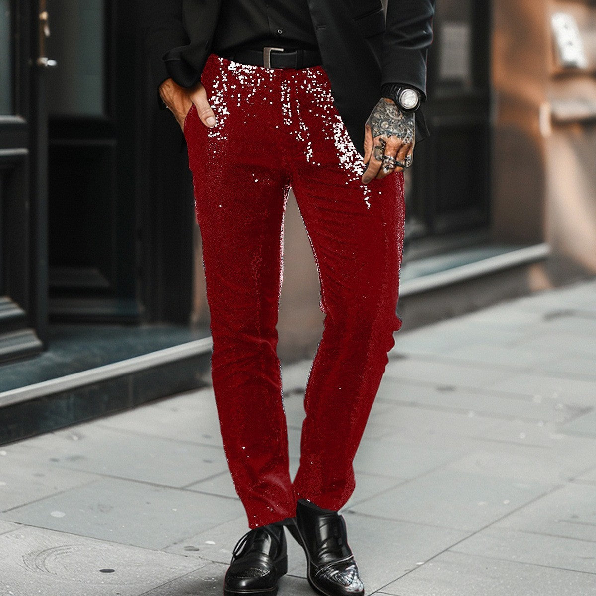 Men’s Slim-Fit Sequin Trousers – Statement Partywear with Belt Loops and Side Pockets