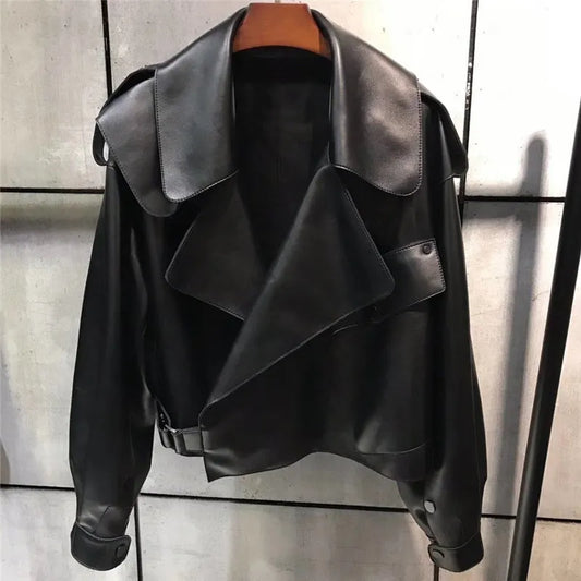 Women’s Wide-Lapel Leather Jacket – Retro Statement Outerwear for Streetwear and Evening Wear