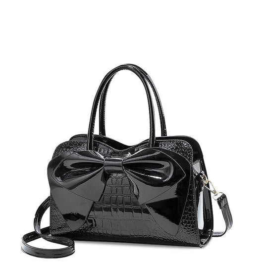 Women’s Bow Detail Handbag – Croc-Effect Structured Satchel with Detachable Shoulder Strap for Day and Evening Wear