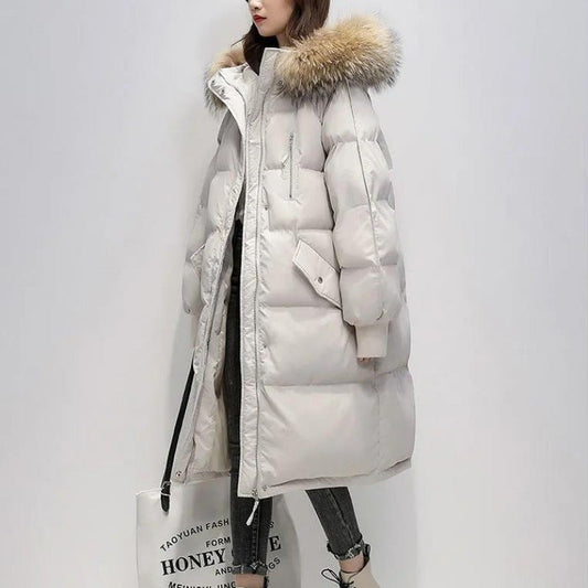 Women’s Faux-Fur Hooded Long Puffer Parka – Insulated Winter Coat with Ribbed Cuffs and Utility Pockets