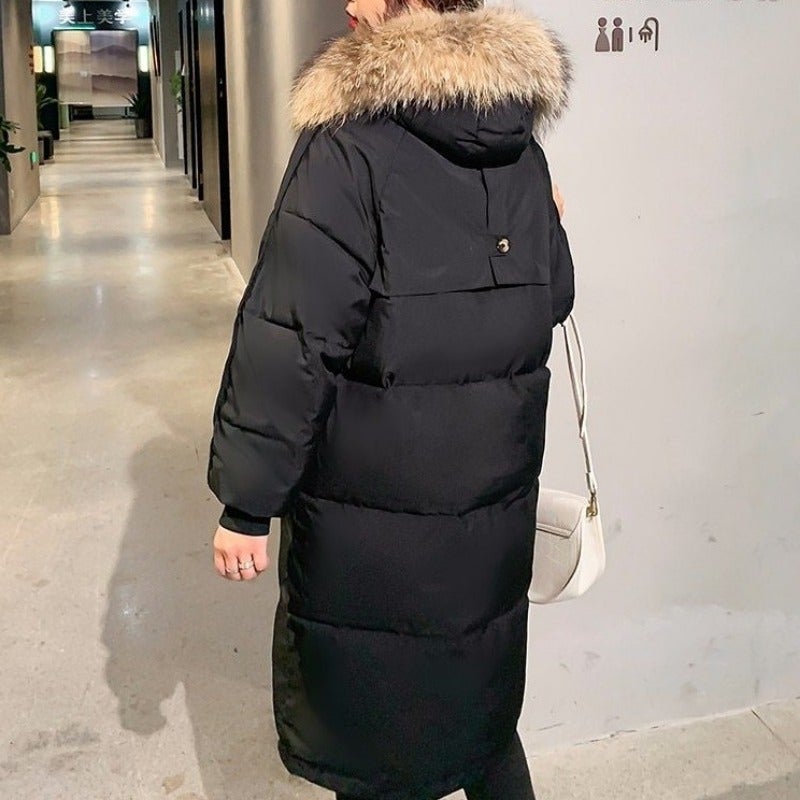 Women’s Faux-Fur Hooded Long Puffer Parka – Insulated Winter Coat with Ribbed Cuffs and Utility Pockets