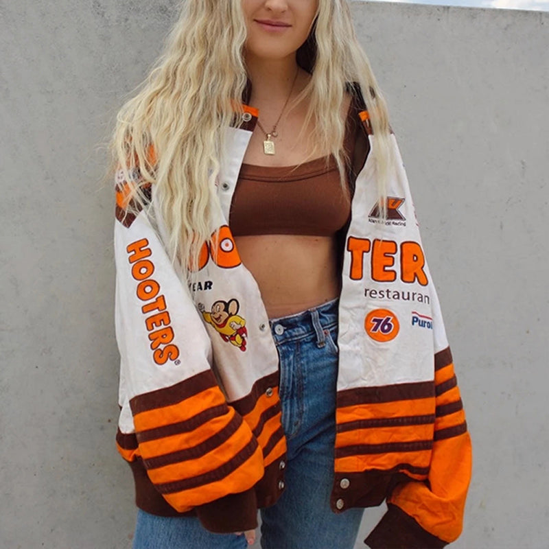 Women’s Oversized Graphic Racing Bomber Jacket – Retro Streetwear Layer