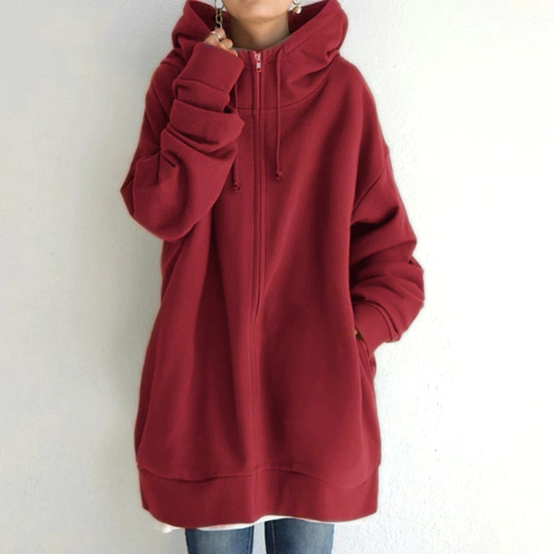 Women’s Oversized Zip-Up Hoodie – Longline Relaxed Sweatshirt Layer with Drawstring Hood for Everyday Comfort