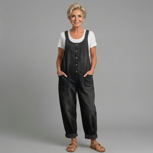 Women’s Relaxed Denim Dungarees – Button-Front Utility Jumpsuit for Casual Everyday Wear