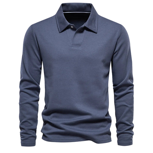 Men’s Long-Sleeve Knit Polo Shirt – Refined Open-Collar Top for Office and Smart Casual Wear