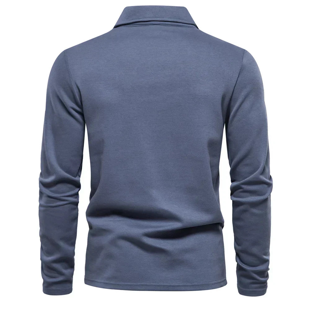 Men’s Long-Sleeve Knit Polo Shirt – Refined Open-Collar Top for Office and Smart Casual Wear