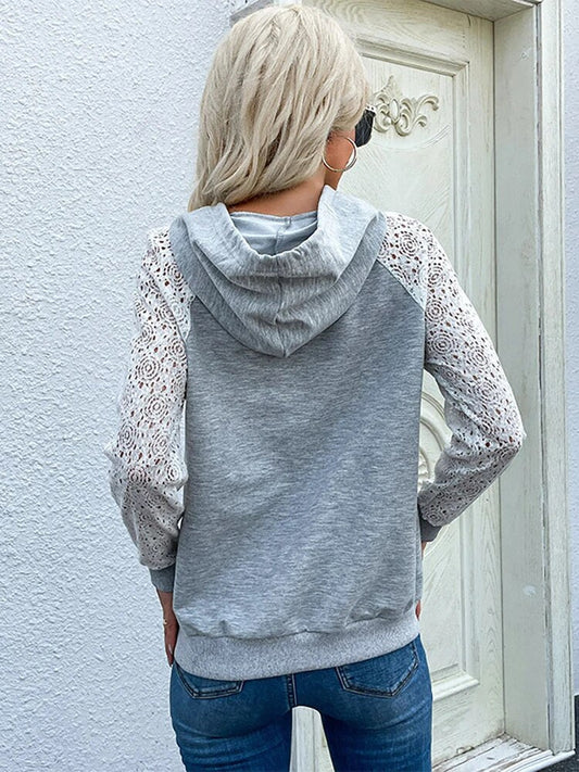 Women’s Lace-Sleeve Hoodie – Casual Drawstring Pullover with Crochet Panel Details