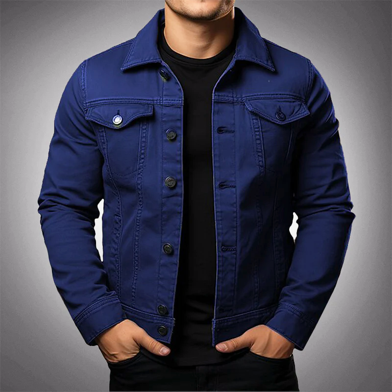 Men’s Structured Denim Trucker Jacket – Button-Front Layer with Flap Chest Pockets and Tailored Fit