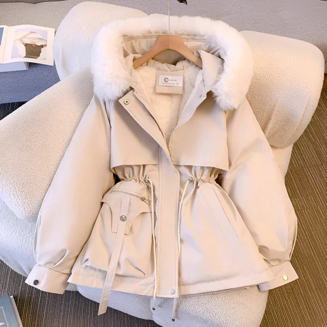 Women’s Short Quilted Jacket – Faux Fur Hooded Coat with Drawstring Waist