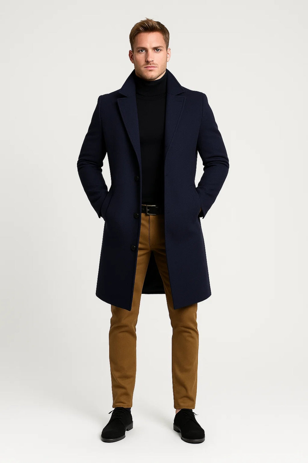 Men’s Long Winter Coat with Classic Lapel Collar Comfortable Tailored Fit for Cold Weather