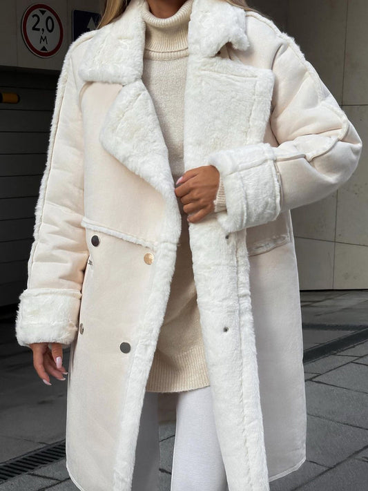 Women’s Long Faux Fur Coat – Double-Breasted with Warm Lining
