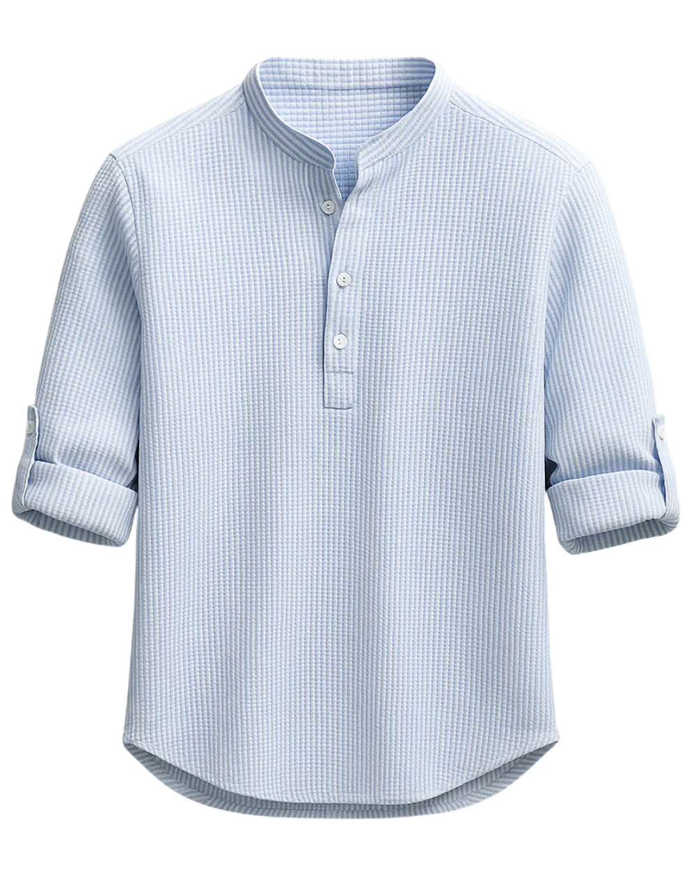 Men’s Cotton Grandad Collar Shirt – Textured Half-Button Style with Roll-Tab Sleeves for Smart Casual Wear