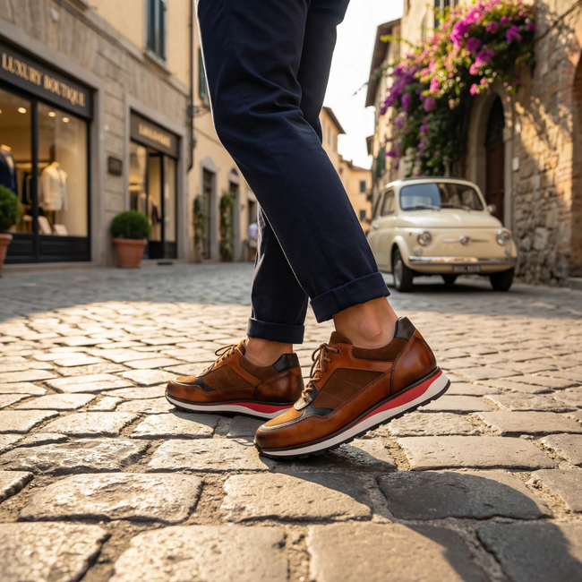 Men’s Full-Grain Leather Sneakers with Suede Panels – Cushioned Smart Casual Lace-Up Shoes