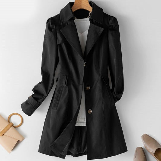 Women’s Beige Trench Coat – Single-Breasted with Sleeve Tabs and Belt