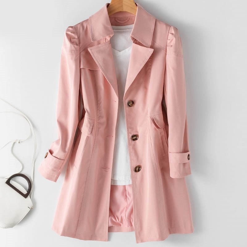 Women’s Beige Trench Coat – Single-Breasted with Sleeve Tabs and Belt