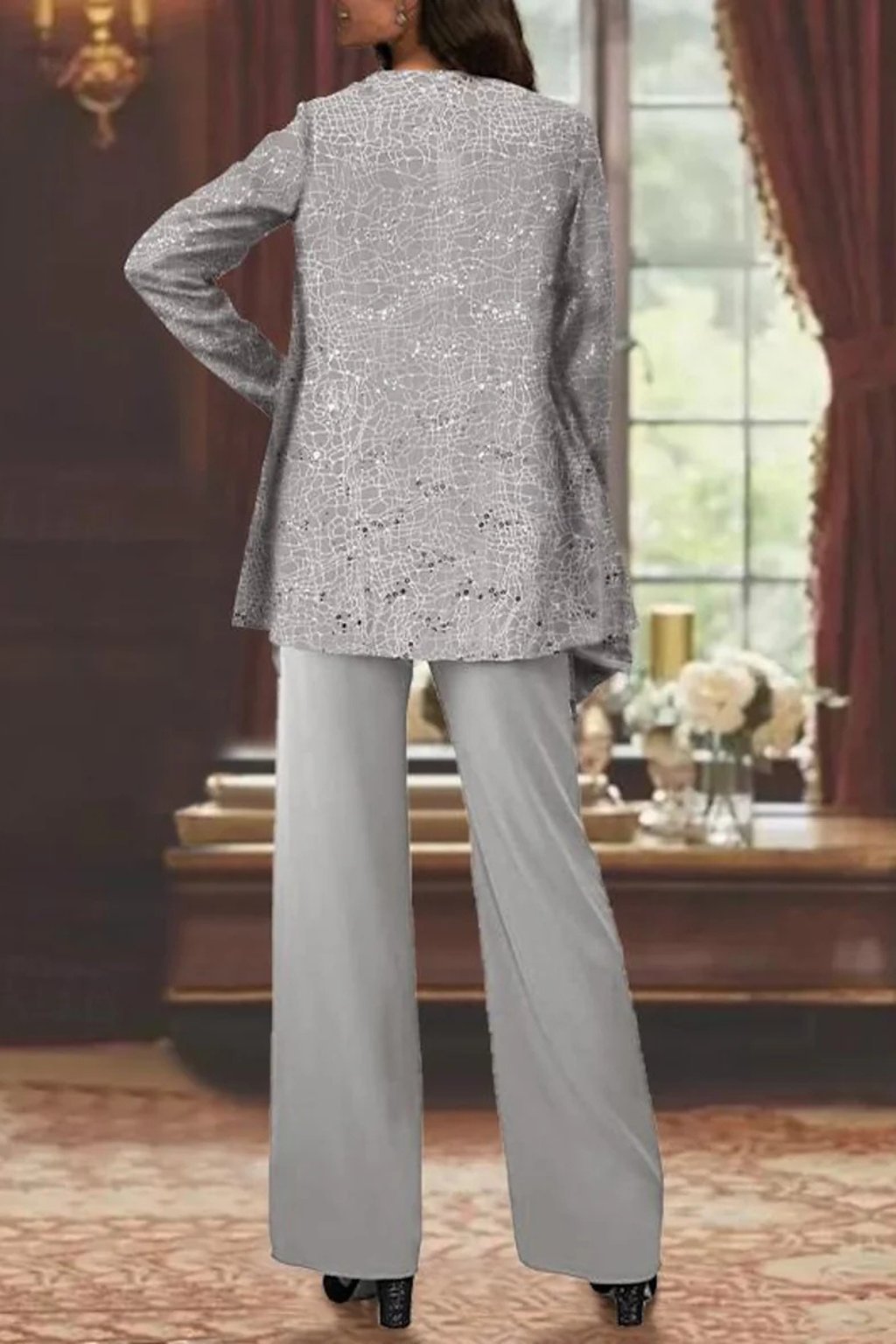 Women’s Sequin Jacket Top and Palazzo Trouser Set – Three Piece Wedding Occasion Outfit