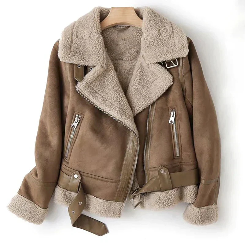 Women’s Sherpa-Lined Suede Biker Jacket – Warm Aviator Layer for Winter Wear