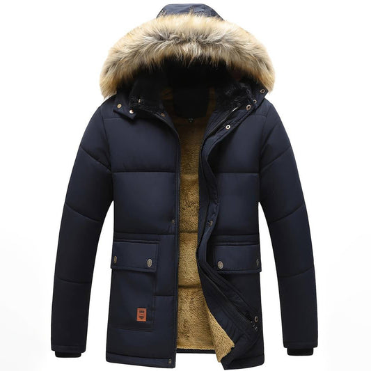 Men’s Fleece-Lined Fur-Trim Hooded Winter Parka – Weather-Resistant Longline Outerwear for Cold-Weather Wear