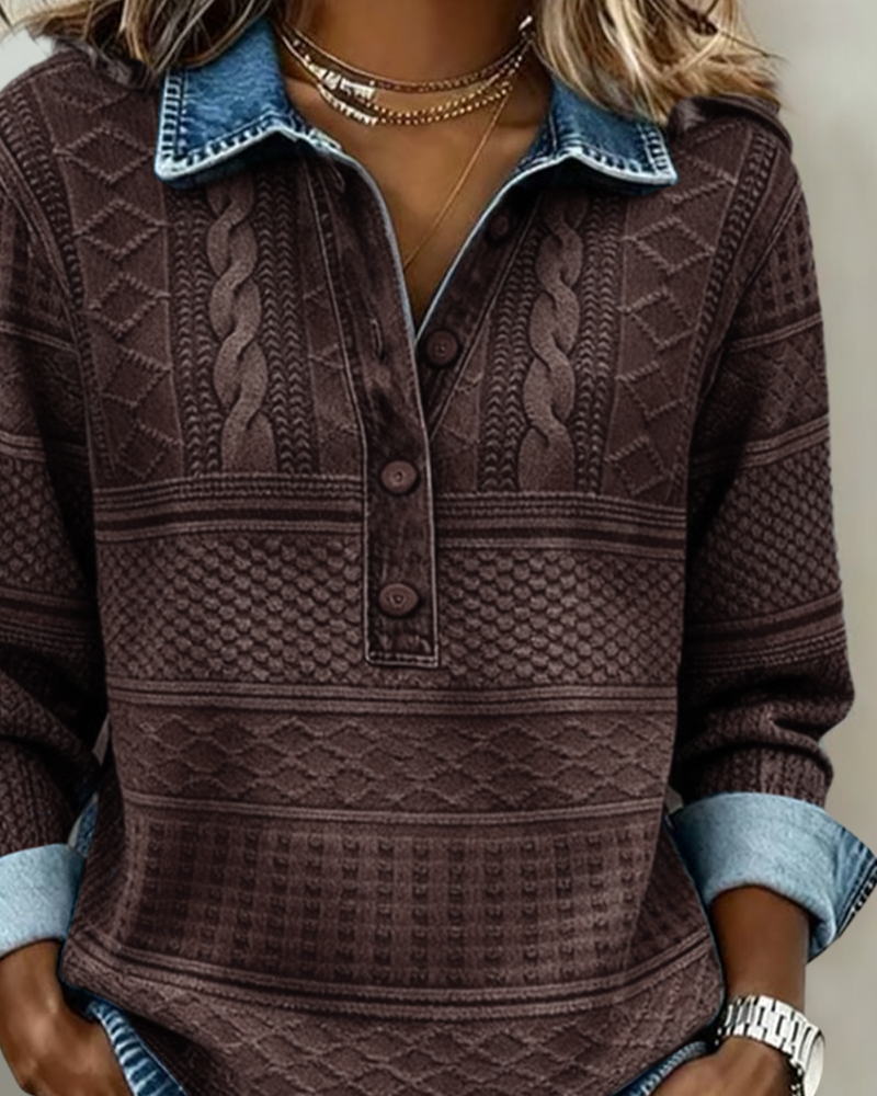 Women’s Collared Button-Front Knit Top – Textured Relaxed Layer for Autumn and Winter