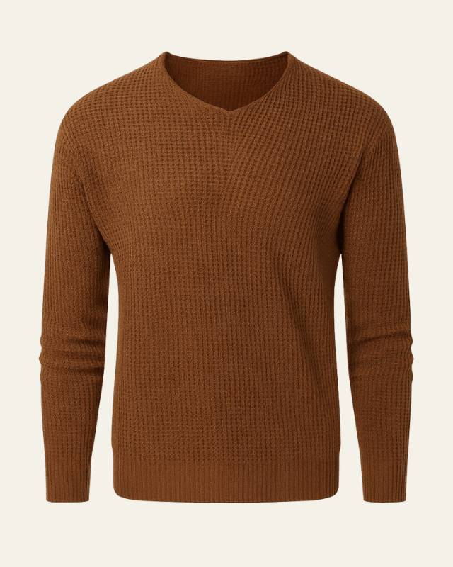 Men’s Waffle-Knit V-Neck Sweater – Textured Everyday Layer for Autumn and Winter