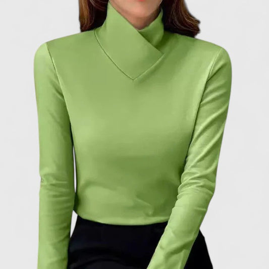 Women’s Fitted High-Neck Top – Asymmetric Long Sleeve Style for Office and Evening Wear